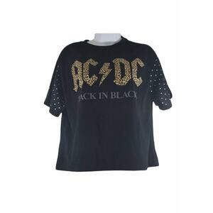 AC/DC Leopard Back In Black Bling Black Crop Top Size Large
